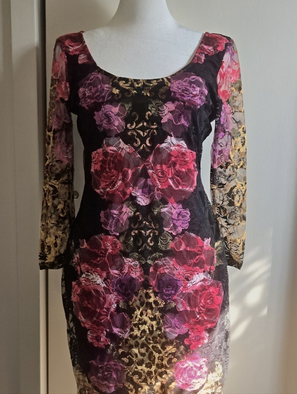 VENUS Black Lace Bodycon Dress with Pink & Purple Floral Print